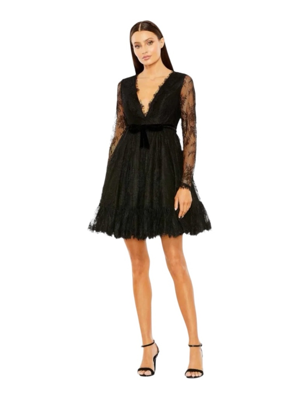 Mac Duggal Black Lace Long Sleeve Mini Dress A-Line V-Neck Size 8 NWT